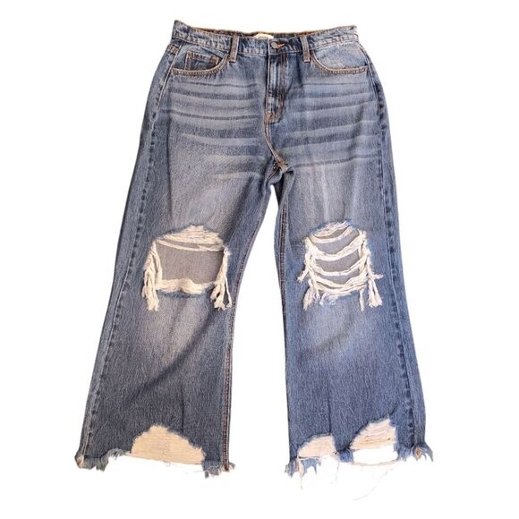 CEROS Blue Heavily Distressed High Rise Straight Leg Cropped Jeans Size 31 - Picture 4 of 11